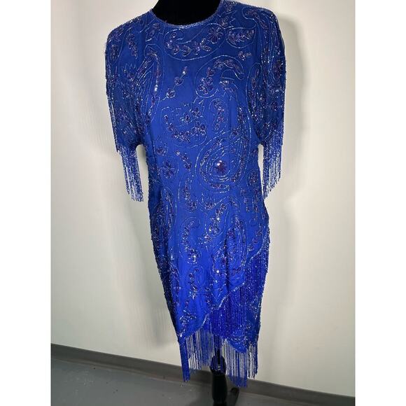 Vintage Laurence Kazar Womens Size L  Blue Beaded Fringe Cocktail Dress - Picture 4 of 8
